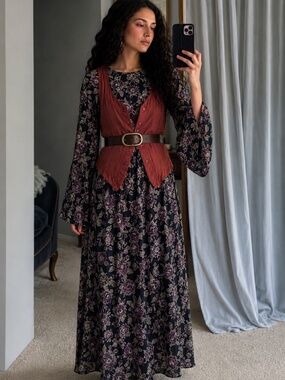 90s Cotton Ginny Maxi Floral Dress Size Large Moody Boho